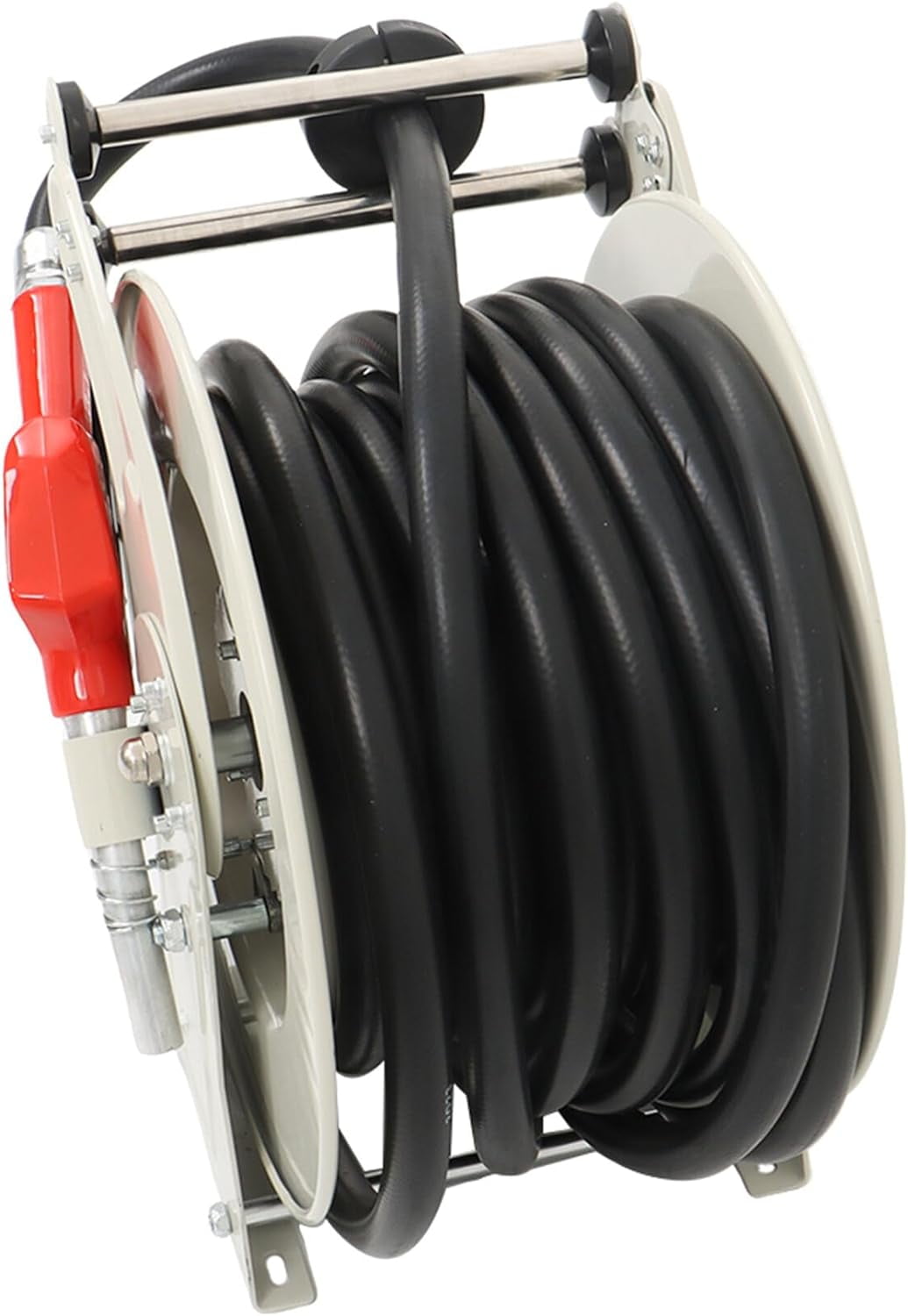 Handdo Fuel Hose Reel 3/4 Inch x 50 Feet Hose Reel Steel Structure Base Rubber Hose with Fuel Nozzle Hose Reel