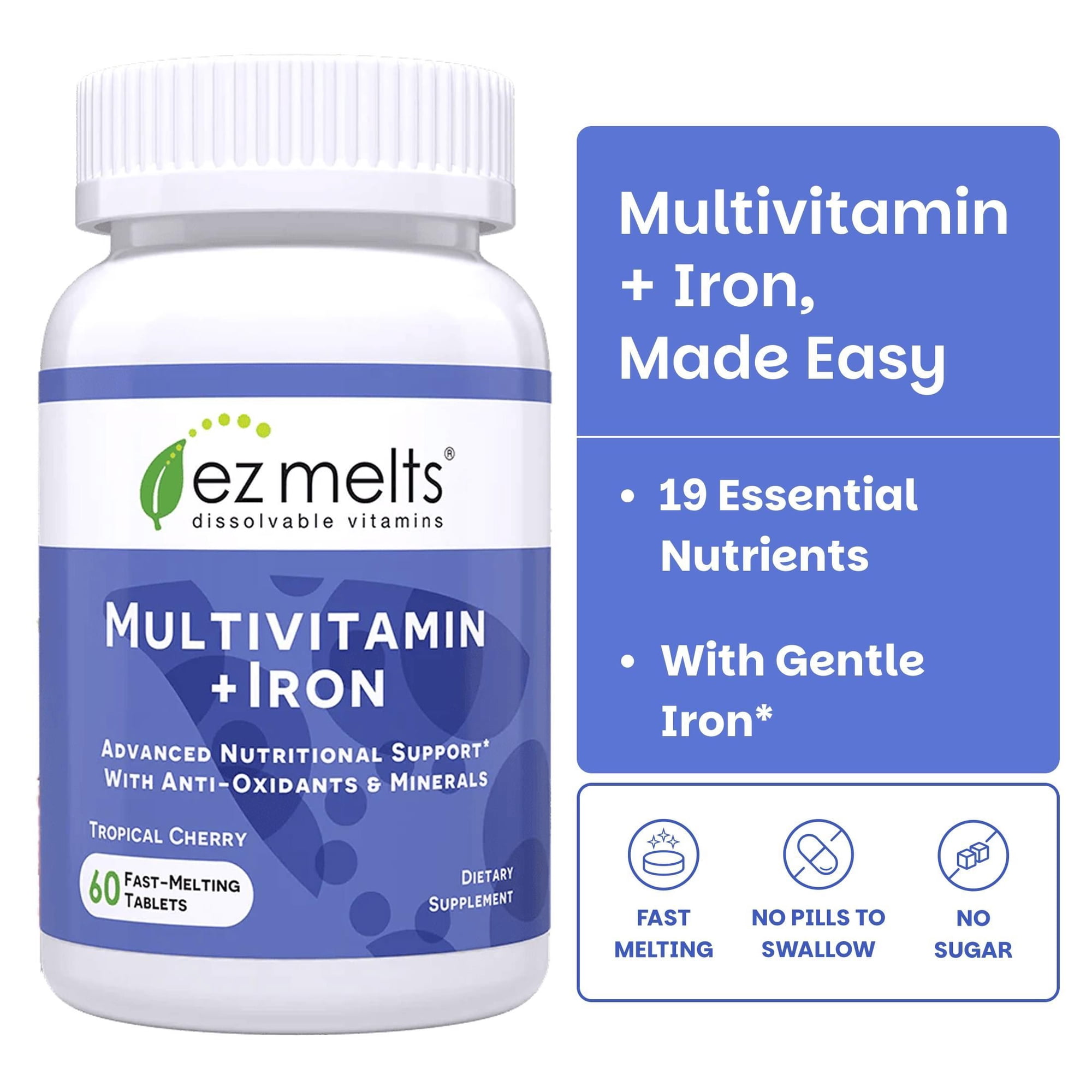 EZ Melts Dissolvable Multivitamin with Iron for Women and Men, Sugar-Free, 1-Month Supply - 1 Pack