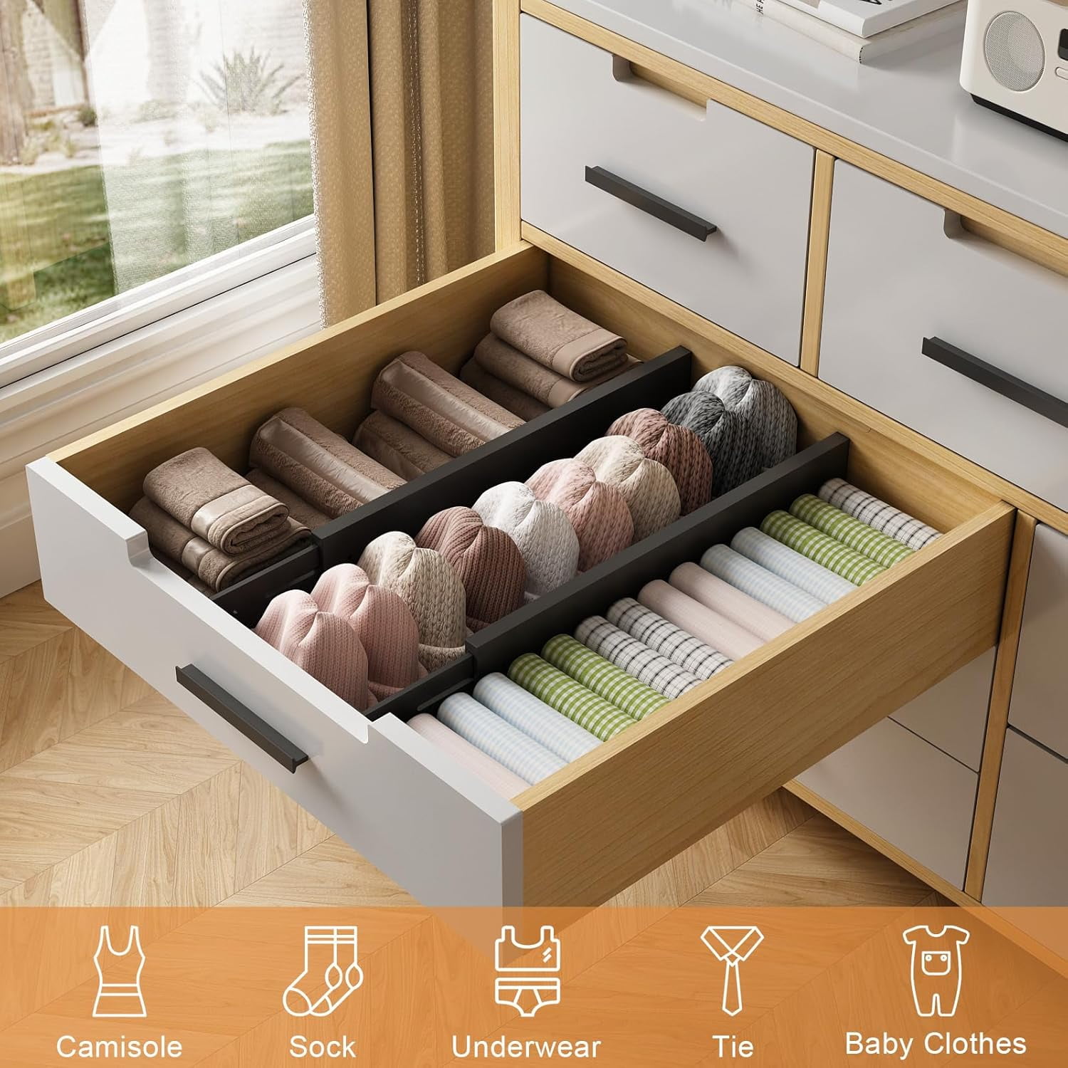 Bamboo Drawer Dividers,17-22" Adjustable Kitchen Drawer Organizer for Clothes,4 Pack Expandable Drawer Organization Separators for Bedroom,Bathroom,Dresser and Office
