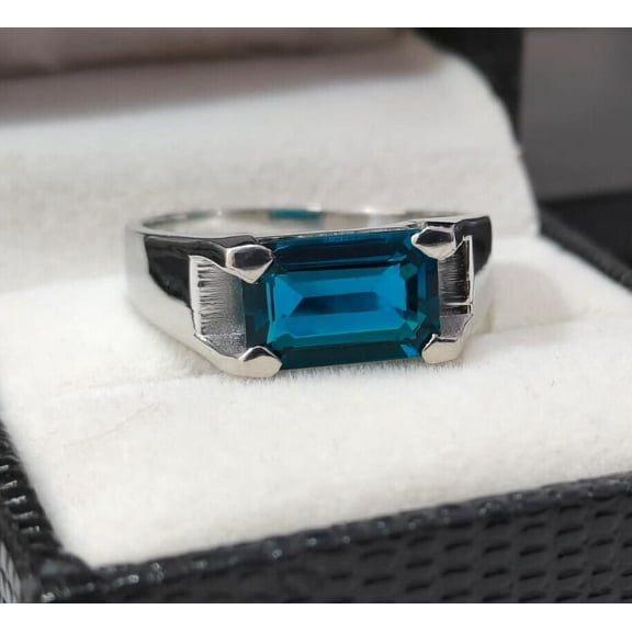 Natural London Blue Topaz , Blue Solitaire with Accents Ring, Emerald Cut Back To School Ring Anniversary For Her, Antique Promise Ring, Minimalist Ring