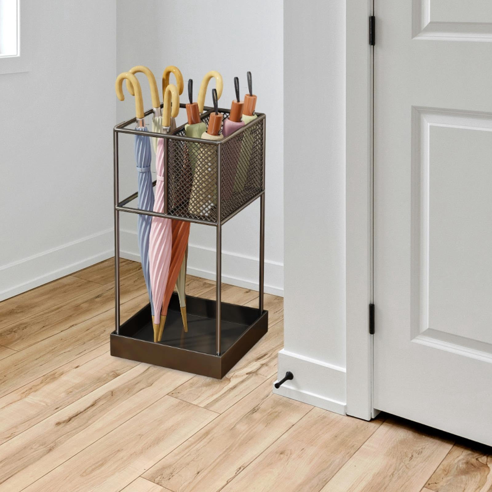 Fiocias Modern Iron Umbrella Holder Stand Anti Slip Storage Organizer Bin for Long Short black