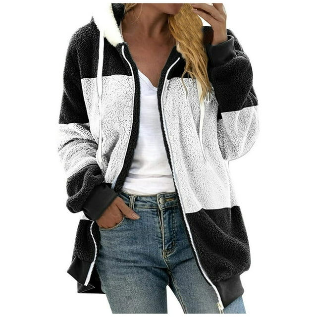 TQWQT Fleece Coats for Women Faux Fur Jacket Coat Fuzzy Fleece Jacket Plus Size Zip Up Drawstring Sweatshirt Oversized Light Blue S