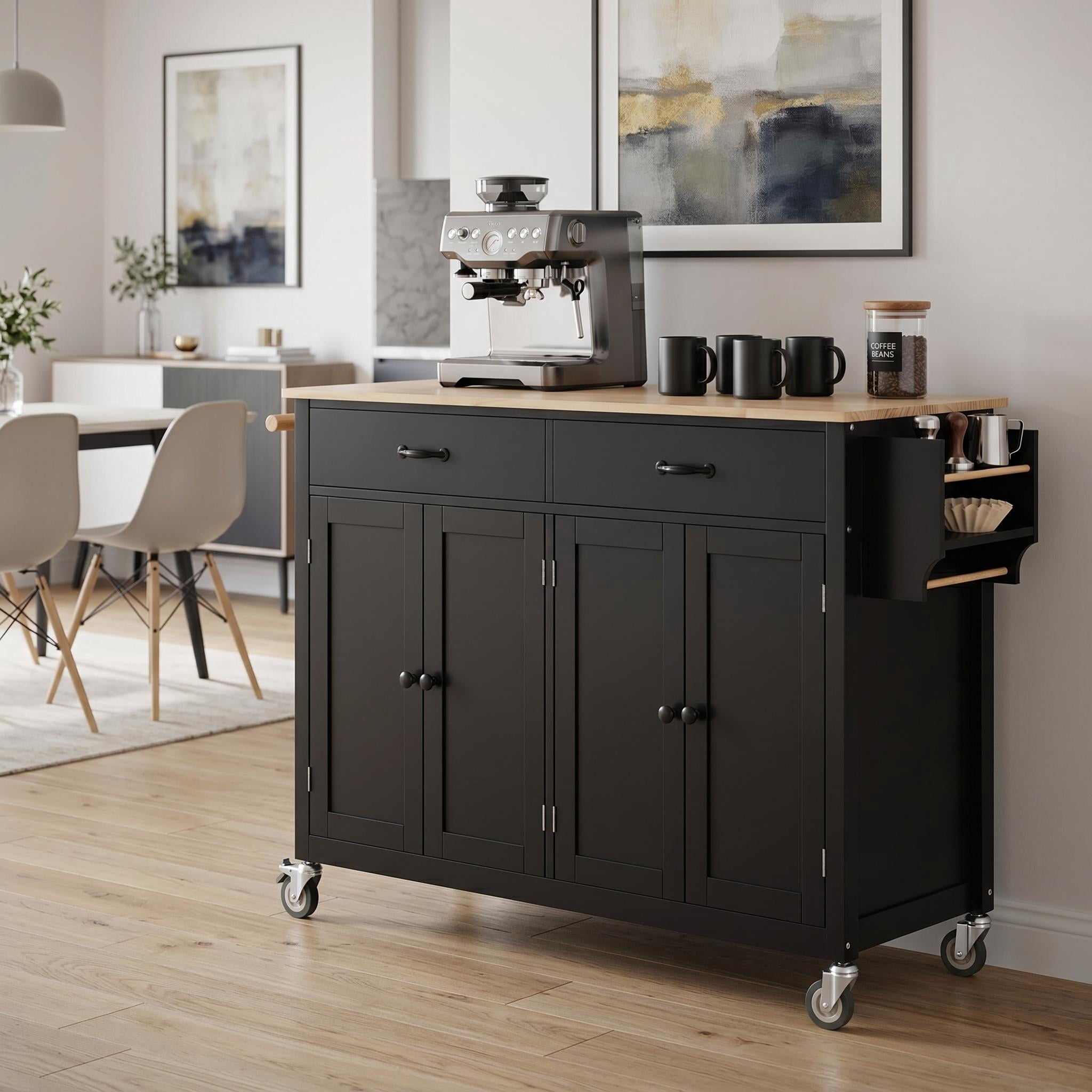 Homy Casa Rolling Kitchen Island Cart with Solid Wood Top, 4-Door Storage, 2 Drawers & Side Rack, Black, for Kitchen, Dining Room, Coffee Bar