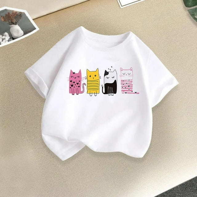 hengsof T-Shirt à Manches Courtes Imprimé Mode pour Filles, Haut Décontracté à Col Rond avec Motif Mignon, Chemise en Coton Doux pour Tous les Jours Âges 2-14