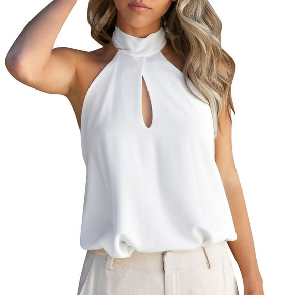 TSADFHJI Athletic Tops Women Womens O Neck Chiffon Bow Tie Backless Tanks Tops and Blouse Vest L White