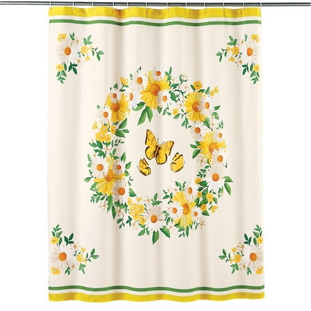Shower Curtain With Stripes White and Yellow Daisy Wreath and Butterfly Shower Curtain with Stripe Border - Seasonal Bathroom Décor ()