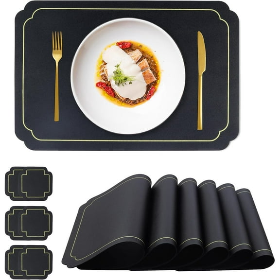 Durable Faux Leather Placemats with Gold Trim Dark Green Placemats and Coasters Set of 6 Large Rectangular Table Mats Heat Resistant and Easy to Clean