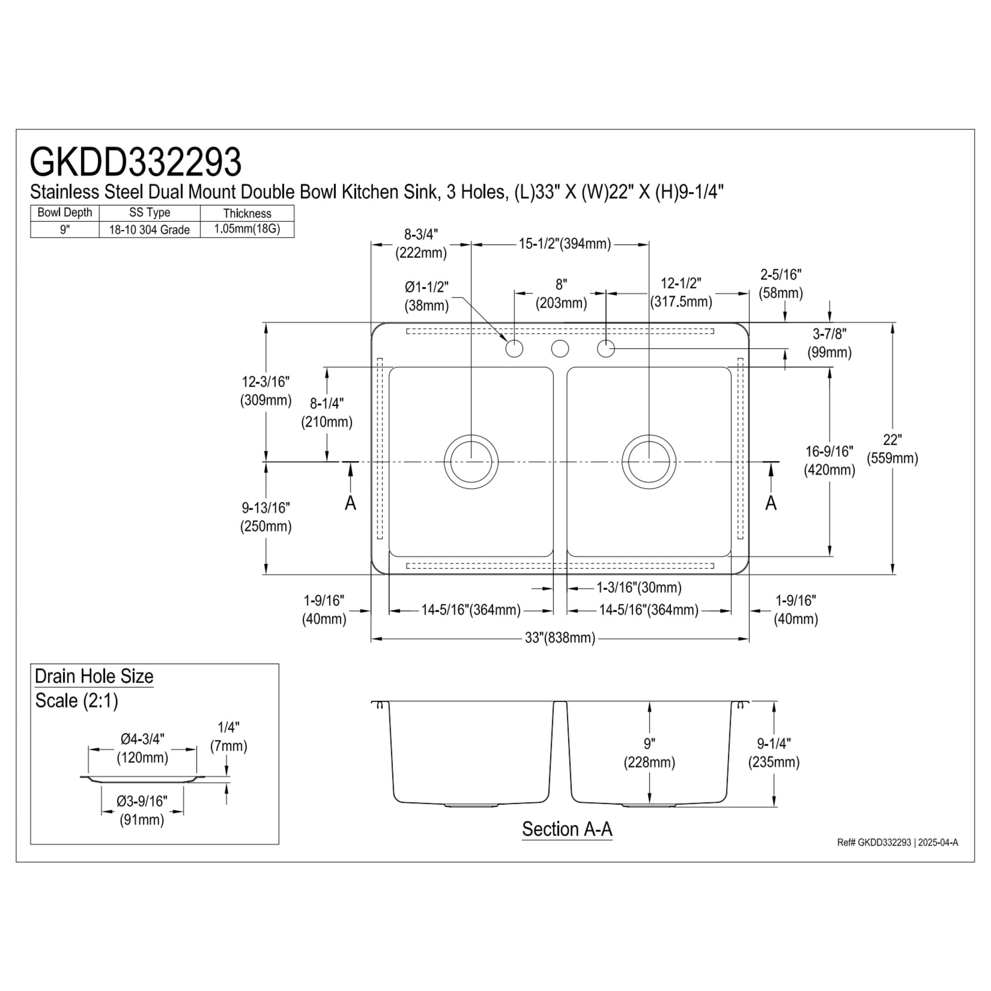 Kingston Brass GKDD332293 Calgary 33-Inch Stainless Steel Double Bowl Dual Mount Kitchen Sink with Drain in Brushed