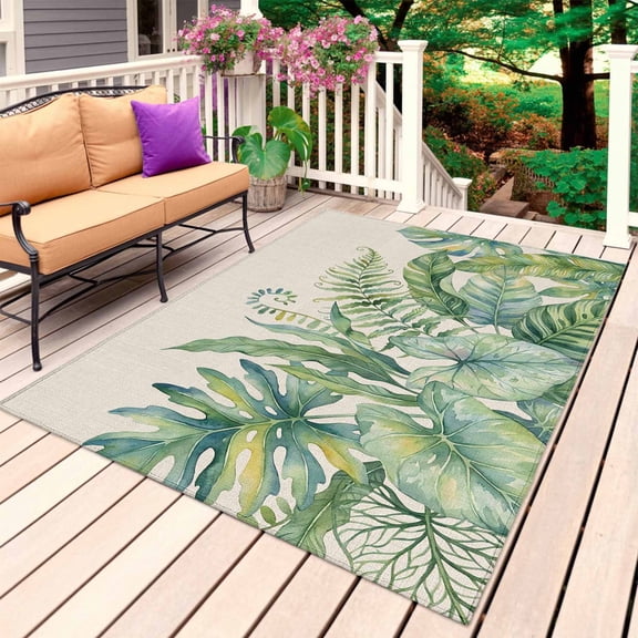 Tropical Botanical Outdoor Rug 5x7 Ft, Non Slip Washable Area Rug, Watercolor Green Monstera Palm Leaves Beige Patio Rugs Carpet Runner, Large Floor Mat for Indoor/Outdoor Deck Porch Camping