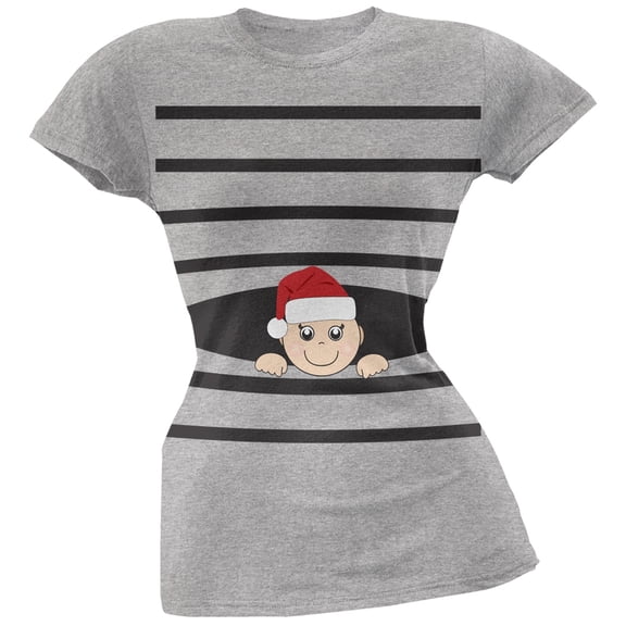 Striped Peeking Christmas Santa Hat Baby Grey Soft Juniors T-Shirt - X-Large