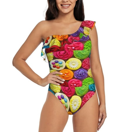 Uemuo Brightly Colored Cupcakes Print Women s One Piece Swimsuit Asymmetrical Neck Bathing Suit One Shoulder Side Cutout Ruffle Swimwear-XX-Large