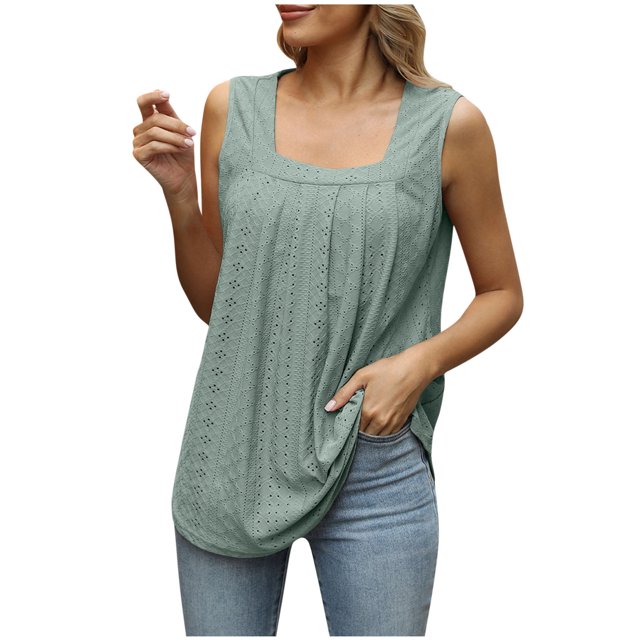 Haut T-Shirt Sans Manches à Col Ajouré Plissé de Printemps pour Femmes avec Queue d'Aronde
