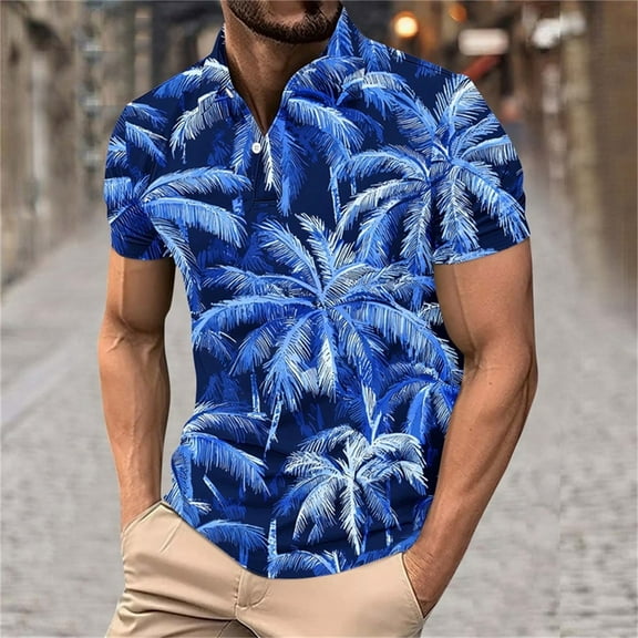 Zylanna Men's Hawaiian Shirts, Turndown Collar Casual Quickly Dry Short Sleeve Summer Beach Button Down Shirts Blue Size L