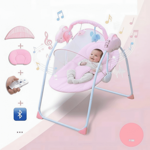 BEJOLO Electric Baby Swing with Bluetooth, Remote, Toys, 4-Speed Adjustable Infant Swing, Auto Rocking, for Newborns to Toddlers, Pink
