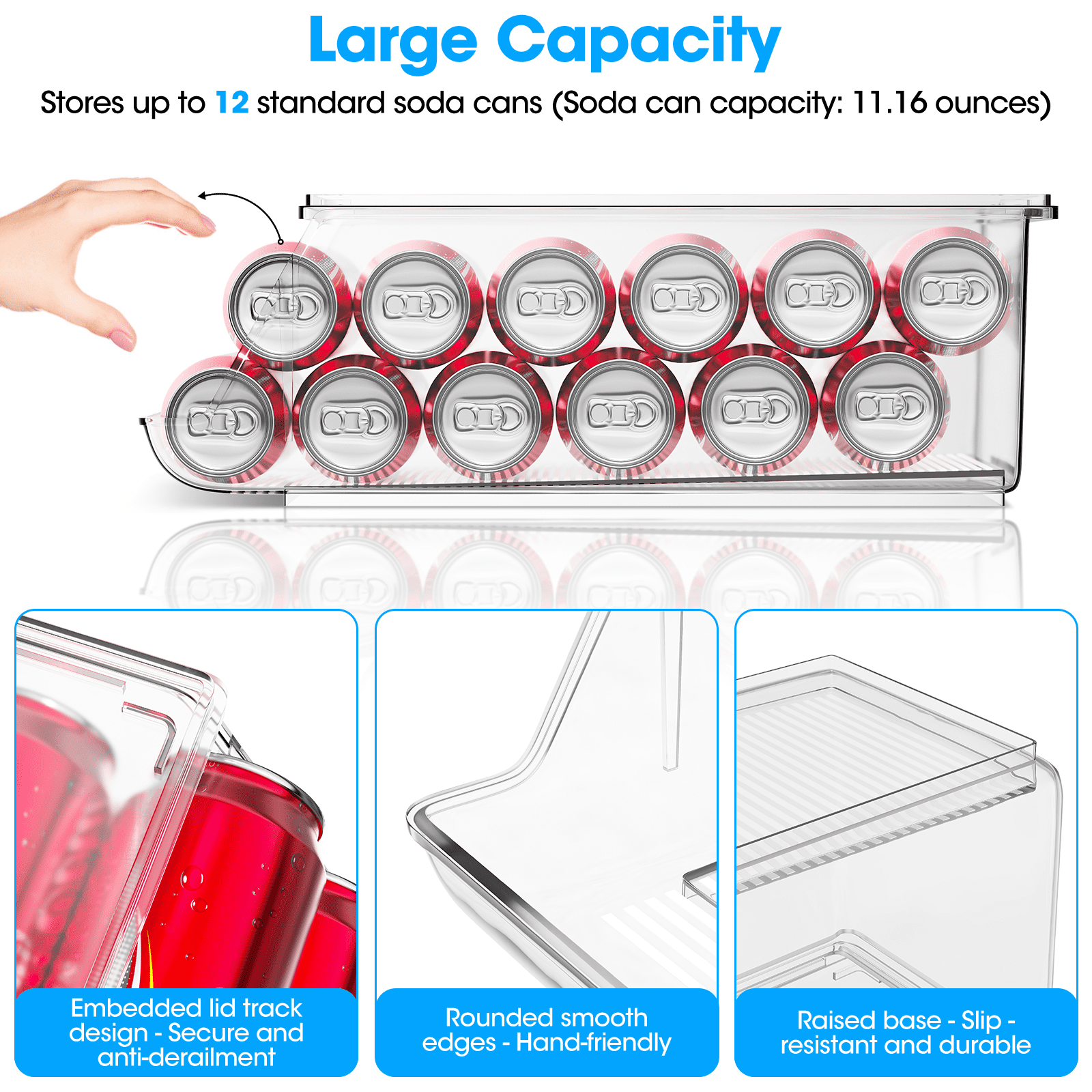 4 Pack Soda Can Organizer, Clear Refrigerator Organizer with Lids, Stackable Organizers for Pantry, Freezer, Kitchen – Holds 48 Cans