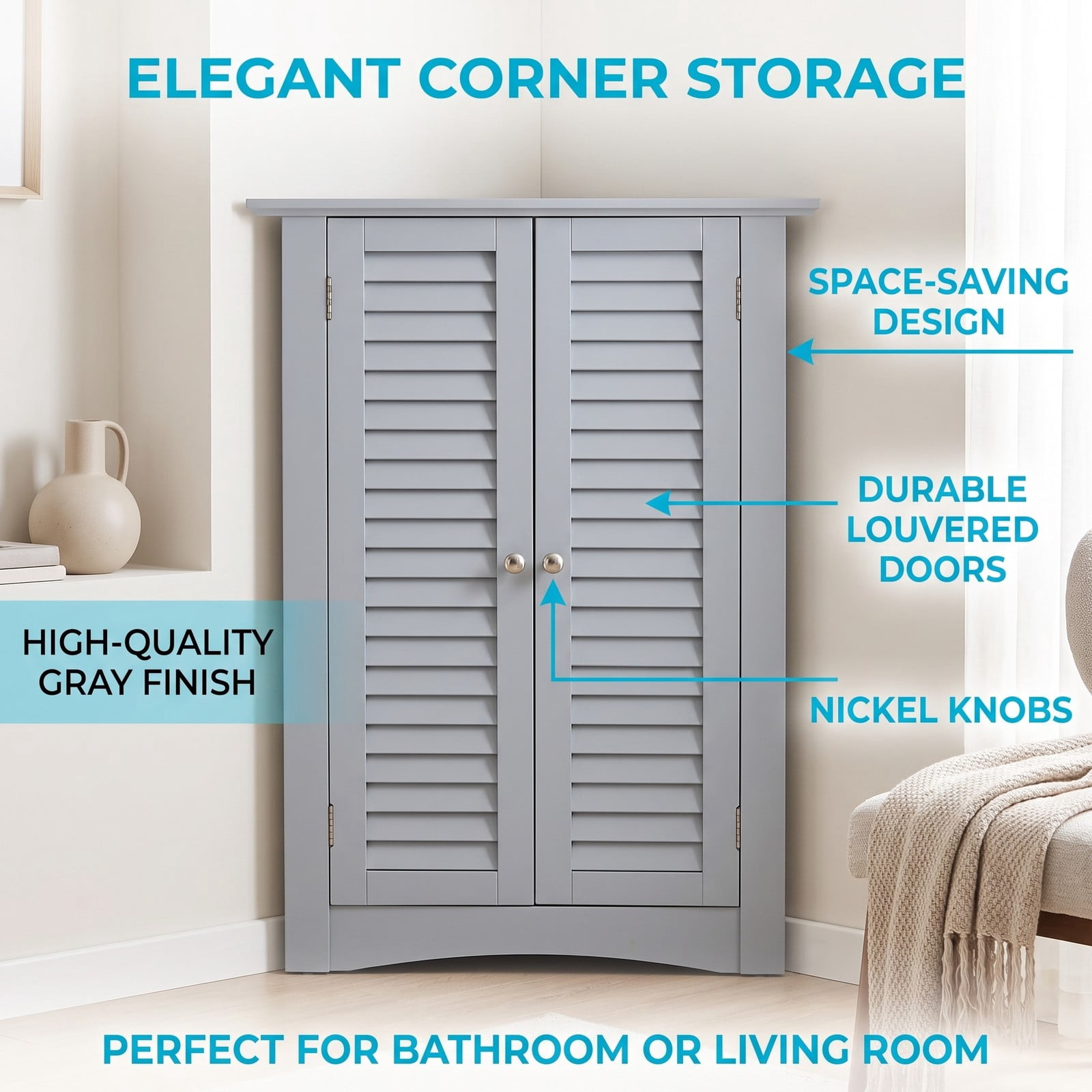 Fenbeli Bathroom Corner Storage Cabinet, Freestanding Floor Cabinet with Shutter Door and Adjustable Shelf, Anti-Tipping Space-Saving Wooden Organizer for, Gray