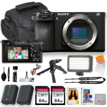 Sony a6700 Mirrorless Camera (Body) | 26MP | 2pc 64GB Extreme Memory, LED Video Light, Extra Battery, Editing Software and Tripod Bundle
