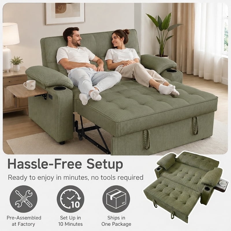 58" Sleeper Sofa Bed, Full Size Pull Out Couch, Convertible Loveseat Sofa with 5-Level Adjustable Backrest, USB Charging Ports, Cup Holders & Foldable Side Table, for Living Room, Apartment & Office