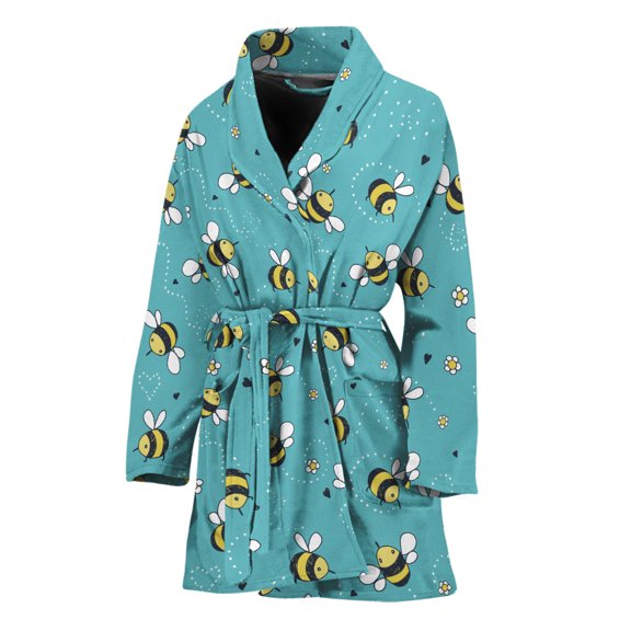 Little Bee Pattern Women Bathrobe One Size Univeral Fits, Bee Honey Fashion Lightweight Plush Fleece Long Robe For Women