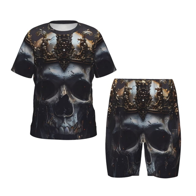 Balery Royal Skull With Golden Crown Conjunto de Pijama Infantil de Manga Corta con Estampado – Ropa de Dormir de Algodón Suave-Medium