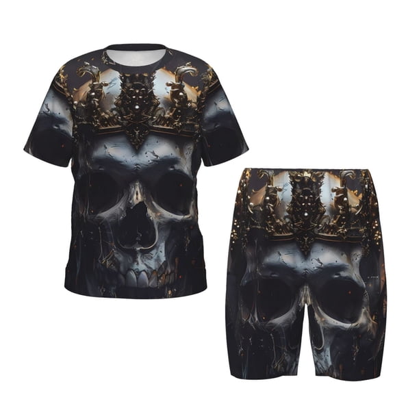 Balery Royal Skull With Golden Crown Conjunto de Pijama Infantil de Manga Corta con Estampado – Ropa de Dormir de Algodón Suave-4X-Large