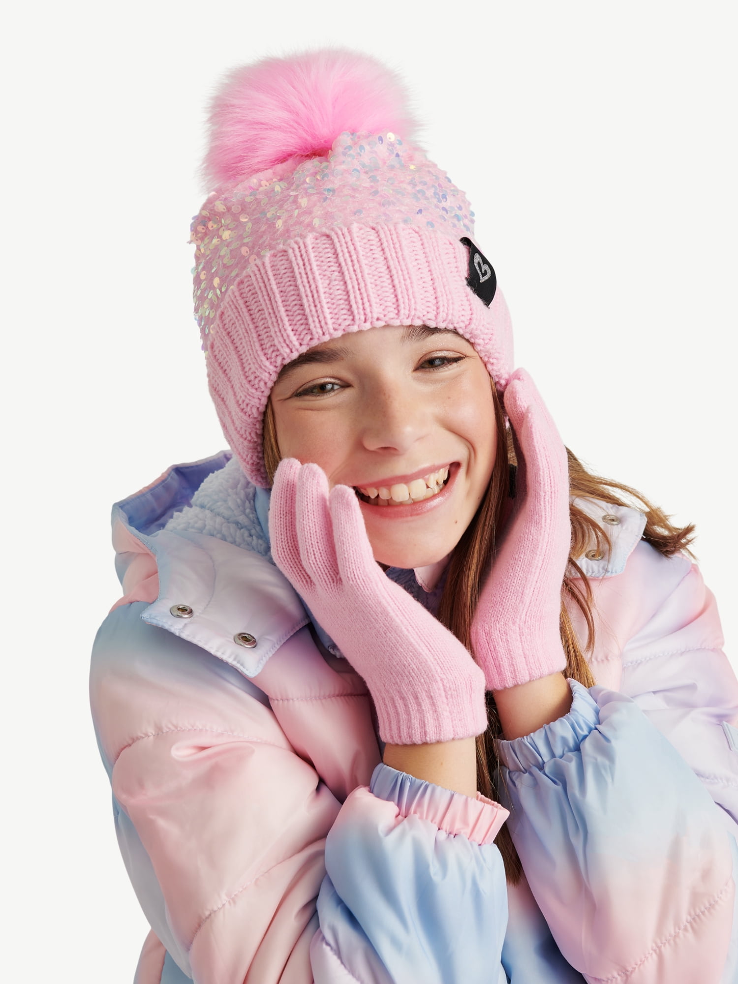 Justice Girls Velvet Sequin Hat and Glove Set, Pink