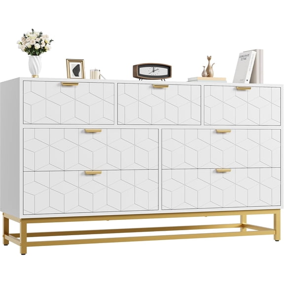 White 7 Drawer Dresser for Bedroom, 53.5” Large Dresser with Metal Legs, Modern Chest Organizer with Wide Storage, Chest of Drawers for Bedroom, Living Room, Entryway