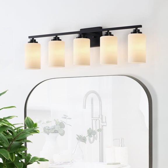 KAWOTI 35 in. 5-Light Black Vanity Light with Frosted Glass Shade