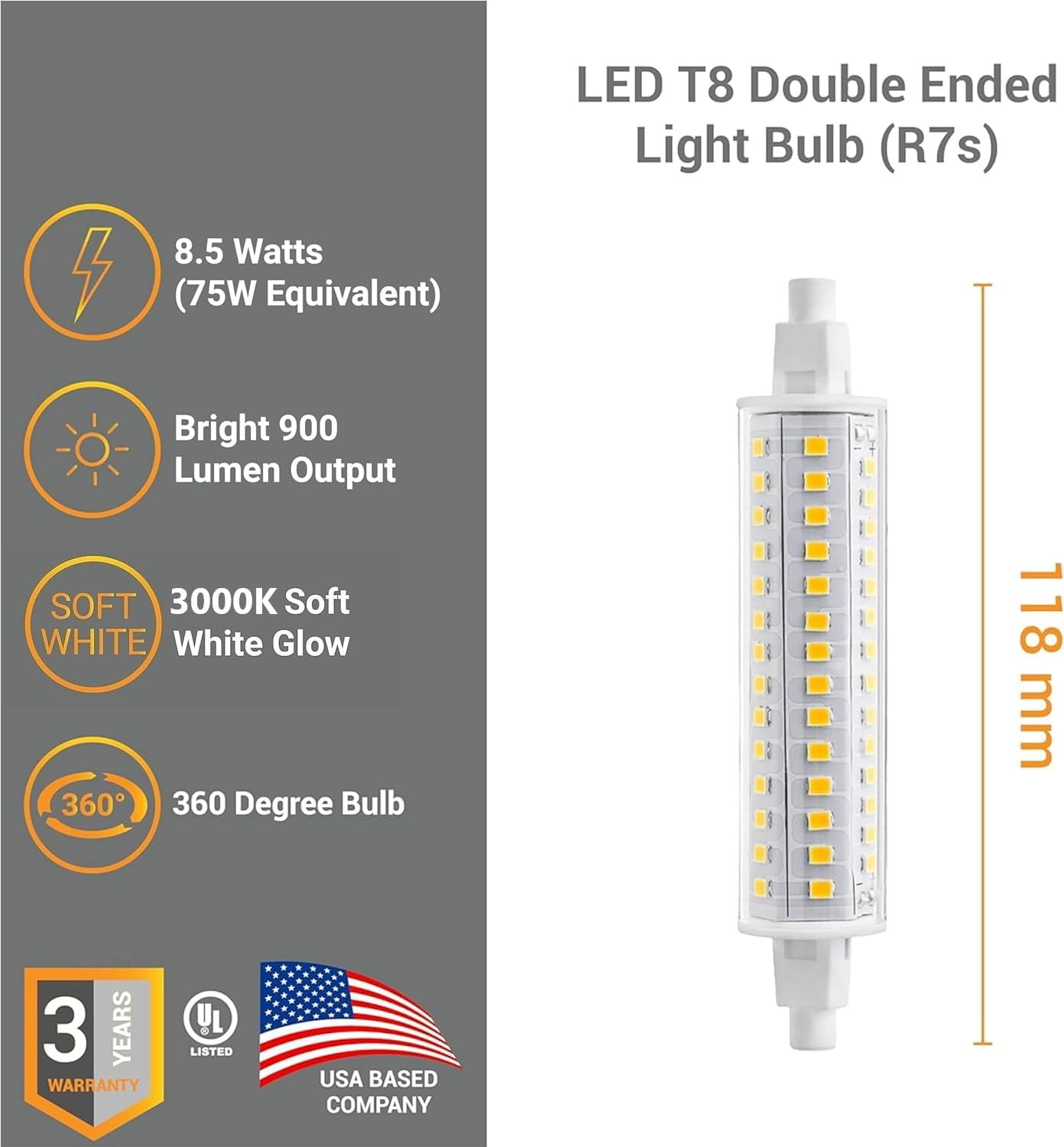 Diodesy- Pack of 2 R7S/LED/8.5W/118MM/T8/30K/CD2 R7S J Type Double Ended Flood Light 118mm, 8.5W (60W Halogen EQ), Non-Dimmable, 3000K Soft White, 900 LM, LED Light for Work Security, Landscape Lights