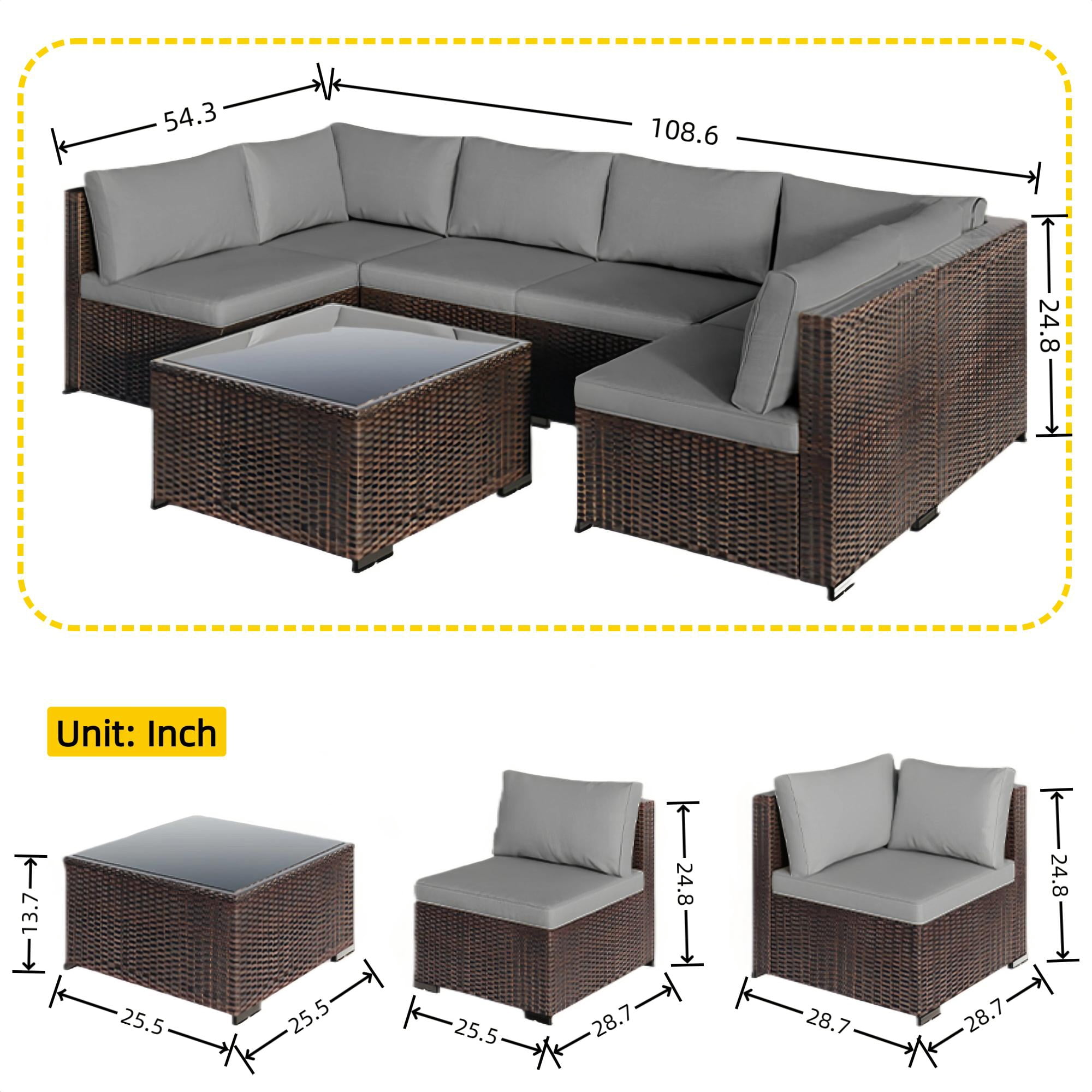 Patio Furniture Set, 7 Pieces Outdoor Conversation Set with Rattan Sectional Sofa, Glass Bistro Coffee Table for Garden Backyard, Gray Removable Cushion