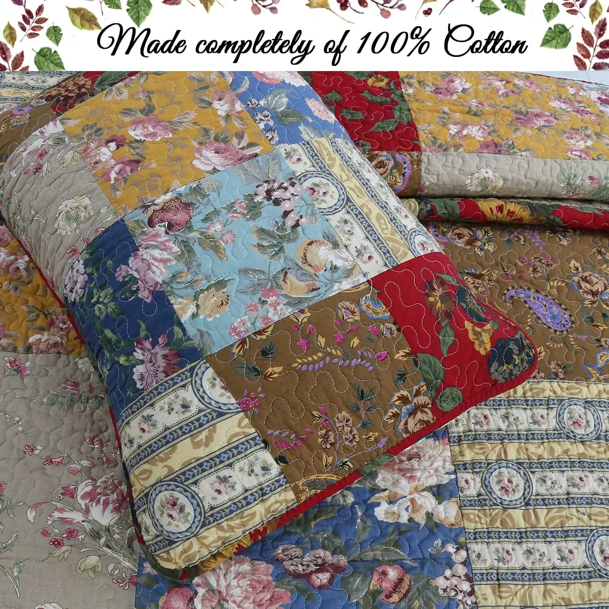 Cozy Line Home Fashions Country Floral True Patchwork 100% Cotton 3-Piece Reversible Quilt Bedding Set, King