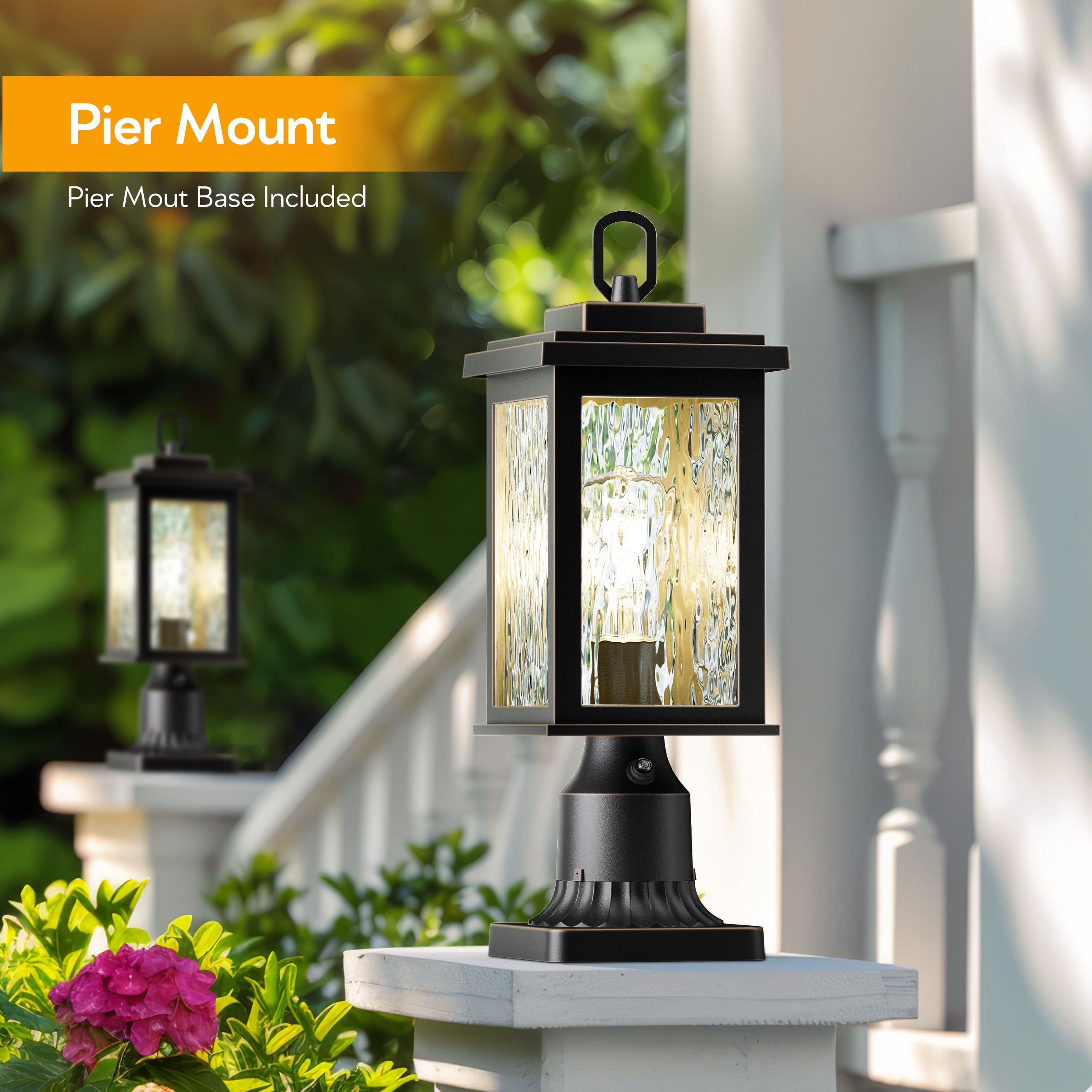 VIANIS Outdoor Post Lights, Dusk to Dawn Post Lights Outdoor,Black Post Lantern with Pier Mount Base, Waterproof Aluminum Body with Water Glass for Patio, Garden, Driveway