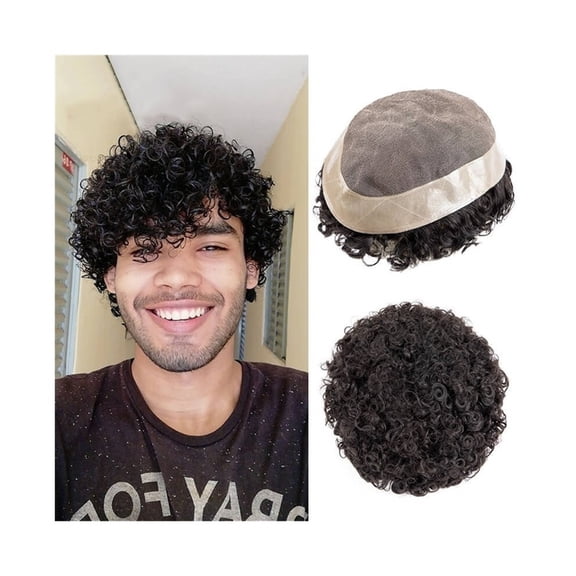 20mm Curly Toupee for Men, Mono Top with PU Skin Around Human Hair Male Hair Prosthesis