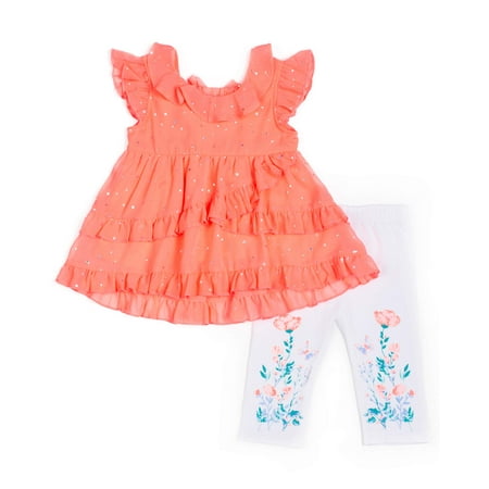 Chiffon Disco Dot and Floral Capri Legging, 2-Piece Outfit Set (Little Girls)