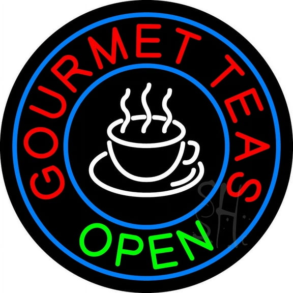 Round Gourmet Teas Open LED Neon Sign 18 x 18 - inches, Clear Edge Cut Acrylic Backing, with Dimmer - Bright and Premium built indoor LED Neon Sign for restaurant window and interior decor.