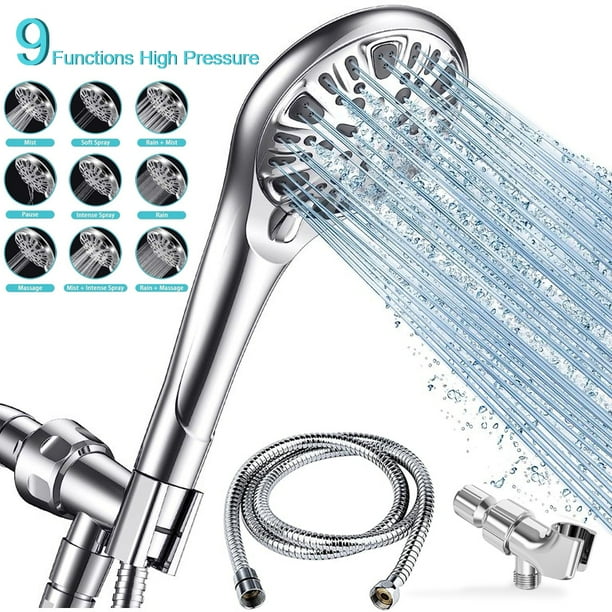High Pressure Shower Head Set, A HighFlow 9 Functions Handheld Shower Head with 59" Hose and