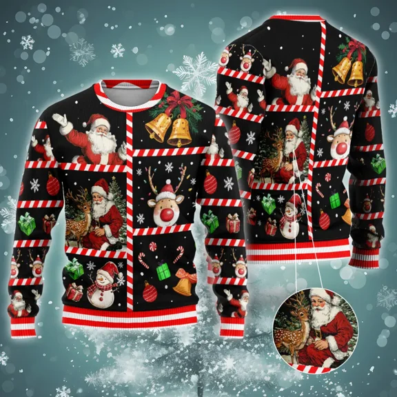 Joyful Santa With Deer Christmas Sweaters For Men Women, Merry Xmas All Over Printed Sweaters, Holiday Crewneck Unisex Pullover Sweaters