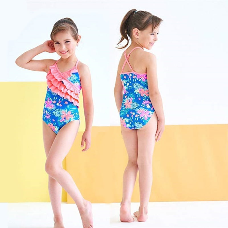 Girls Floral Splice Swimwear Ruffle Sleeveless One-Pieces Swimsuit 5-10Y