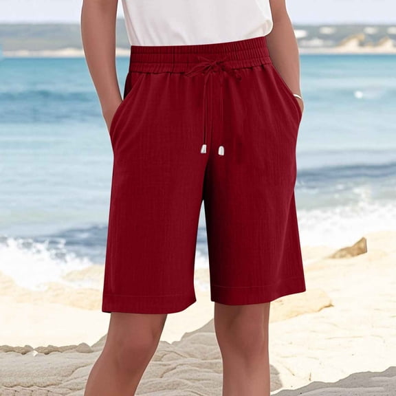 Cagogo Women Plus Size Bermuda Shorts Elastic Waist Loose Fit Casual Pants with Pockets Solid Regular Summer Party Beach Lounge Trousers, Wine 3XL