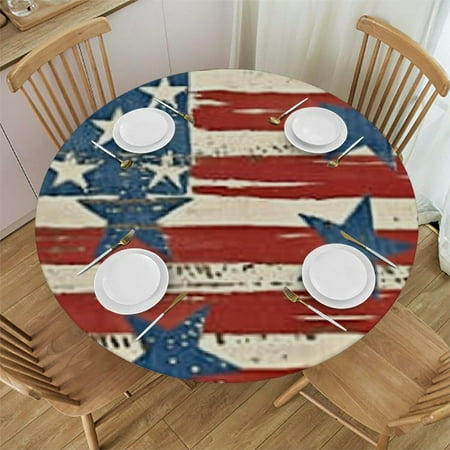 

nygtbtfer 4th of July Round Fitted Tablecloth with Elastic Edge Red White and Blue Stars Patio Table Cover Cloth American Flag Round Tablecloth for Party 42-46