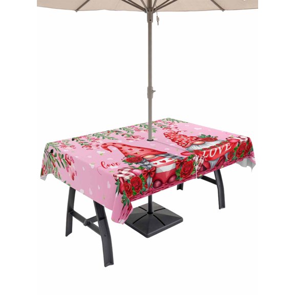 Outdoor Tablecloth with Umbrella Hole and Zipper, Red Gnomes Rectangle Table Cloth 60x120 Inch Waterproof Tablecloth, Valentine's Day Love Roses Leaves Ombre Pink Picnic Table Cover for Patio Camping