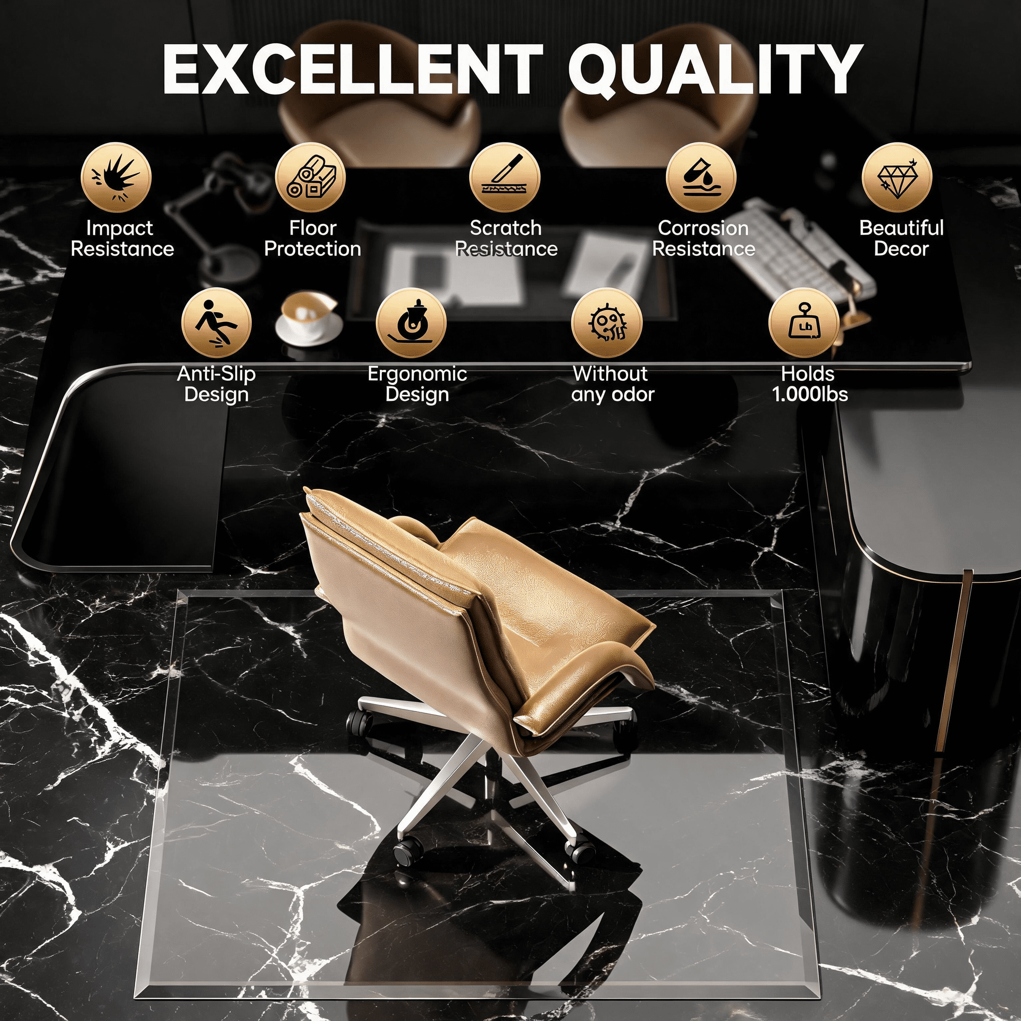50x44-Inch Tempered Glass Chair Mat with Beveled Edge, 5mm Thick Floor Mat and Office Chair Mat for Carpet and Hardwood Floors, 1000 lb, Transparent