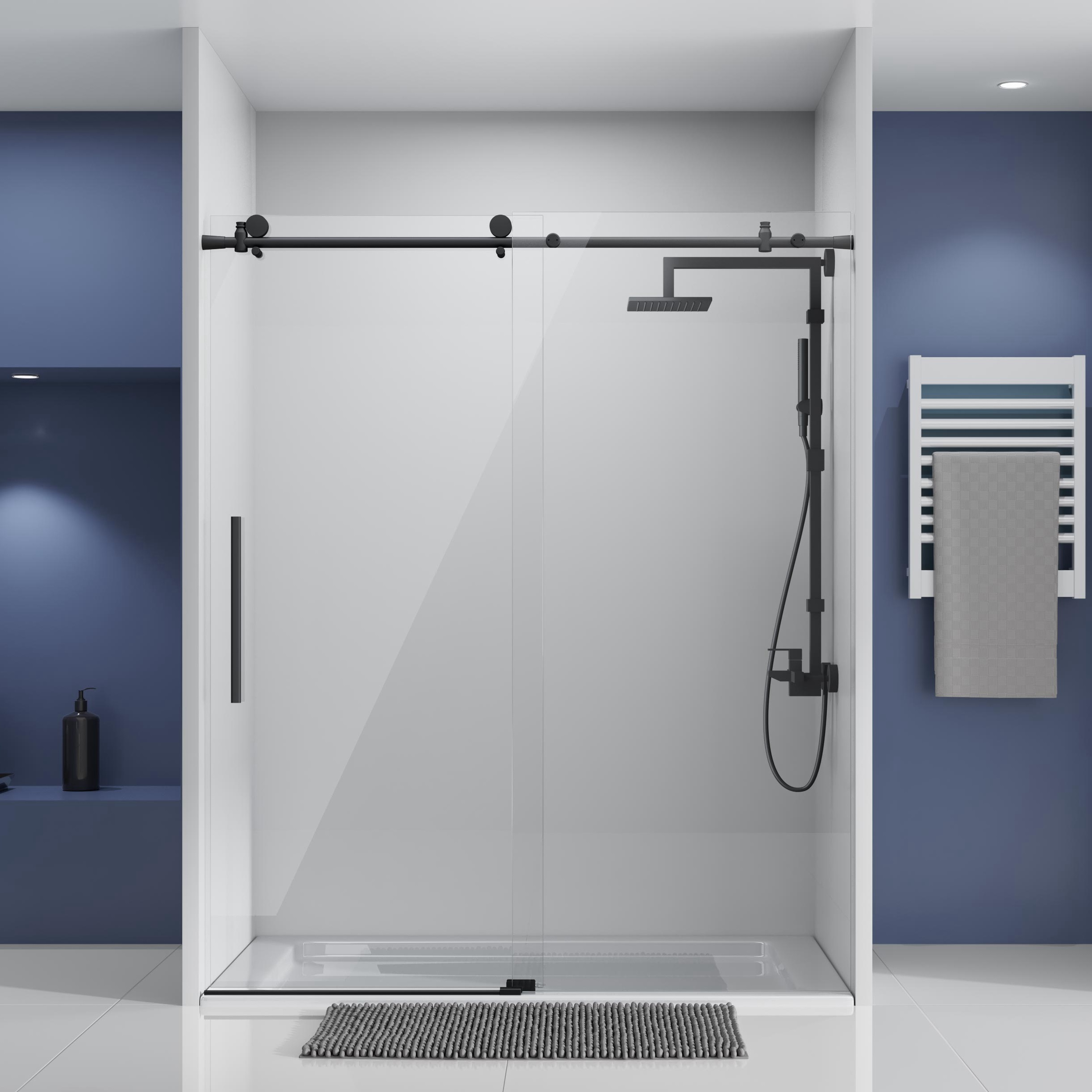 DELAVIN 56-60.in W x 75.in H Frameless Shower Door, Clear Tempered Glass, Stainless Steel Frame, Matte Black