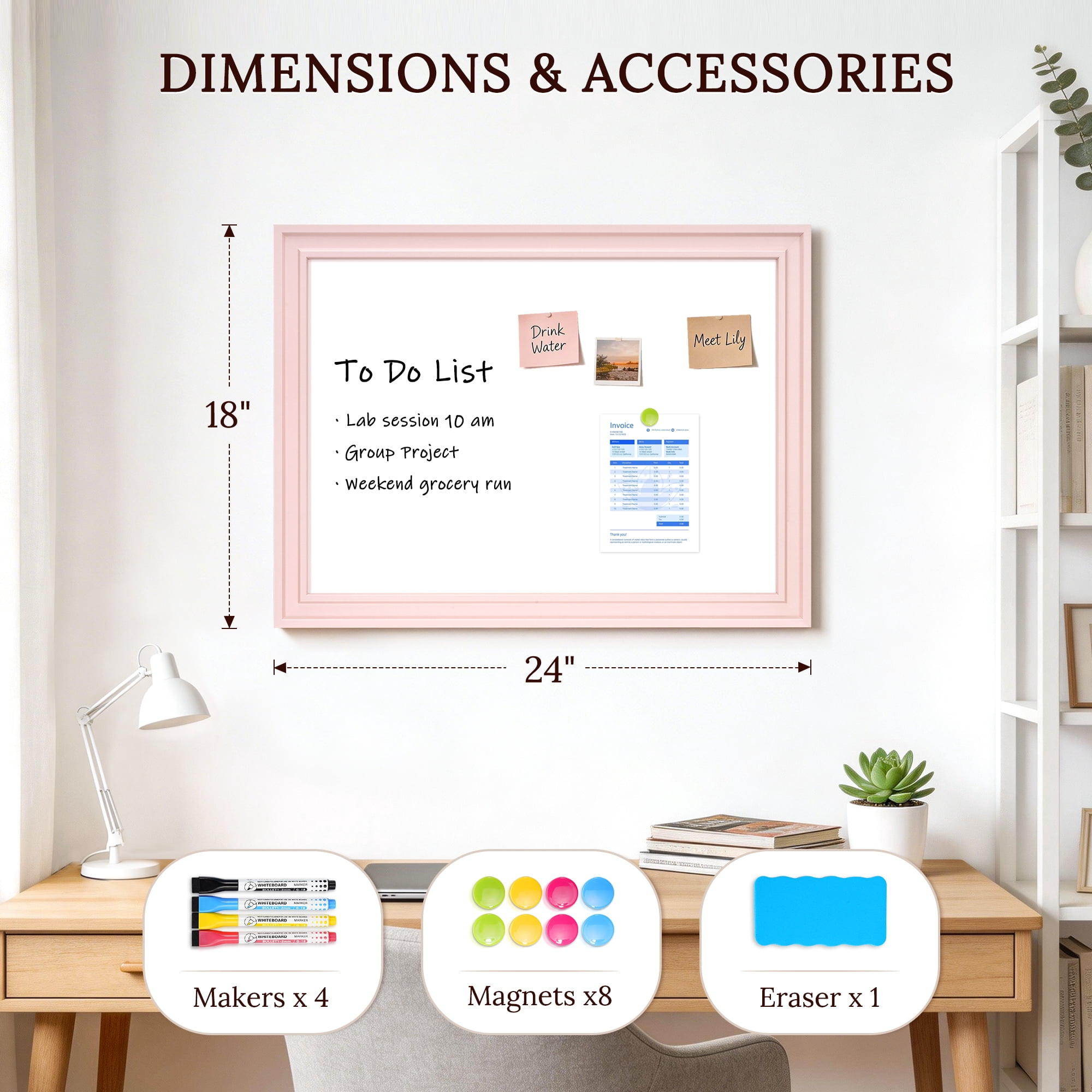 DOLLAR BOSS White Board Magnetic Whiteboard Dry Erase Board 24 X 18 Inches for Home School Office Wall Mount Magnetic Board Includes 1 Eraser & 4 Markers & 8 Magnets, Pink Wooden Frame