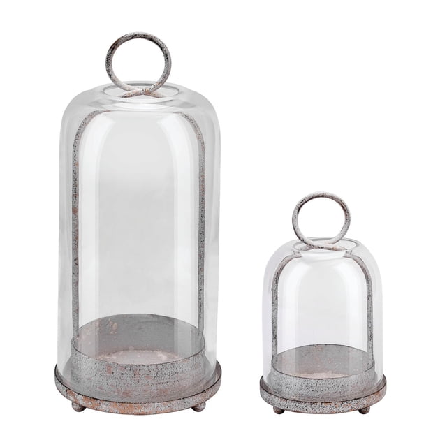 Set de Porta Velas de Metal con Cúpulas de Vidrio, Blanco Shabby