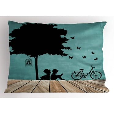 Ambesonne Nature Pillow Sham, Boy and Girl Under a Tree, 36" X 20", Pale Brown Seafoam Black
