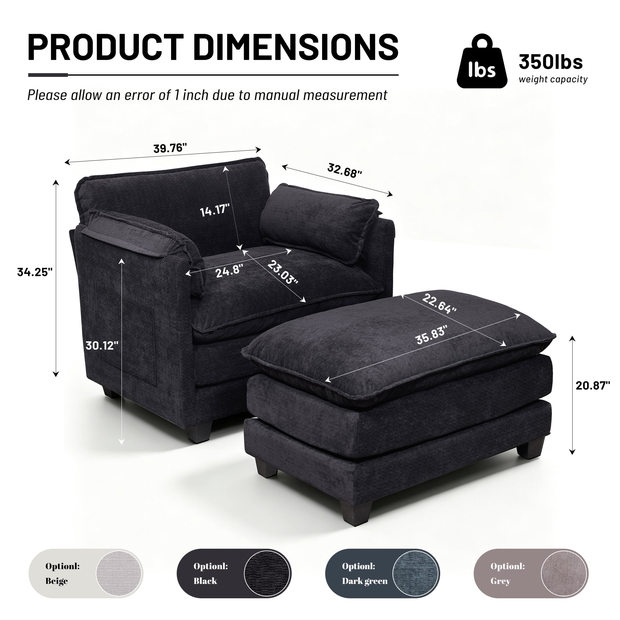 39.76" Oversize Accent Chair wirh Ottoman Armchair Set with Side Pocket