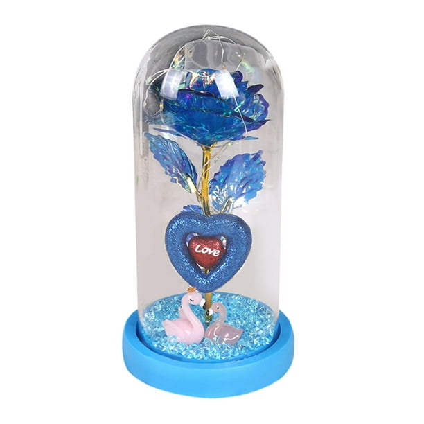 Lámpara de mesa con rosas cubiertas de vidrio, regalo para mamá, decoración de San Valentín base azul