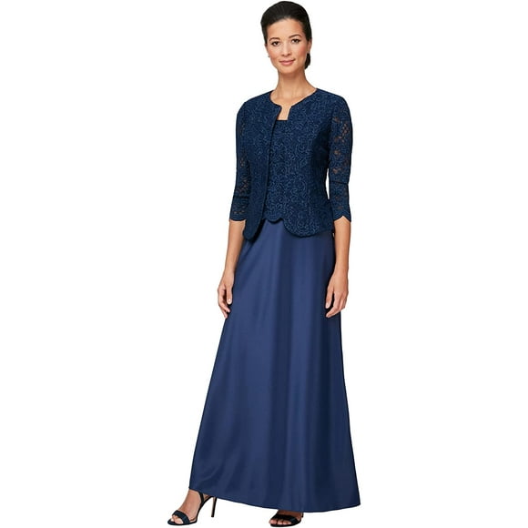 Alex Evenings Womens Long Mock Jacket Dress with Satin Skirt 14 Navy