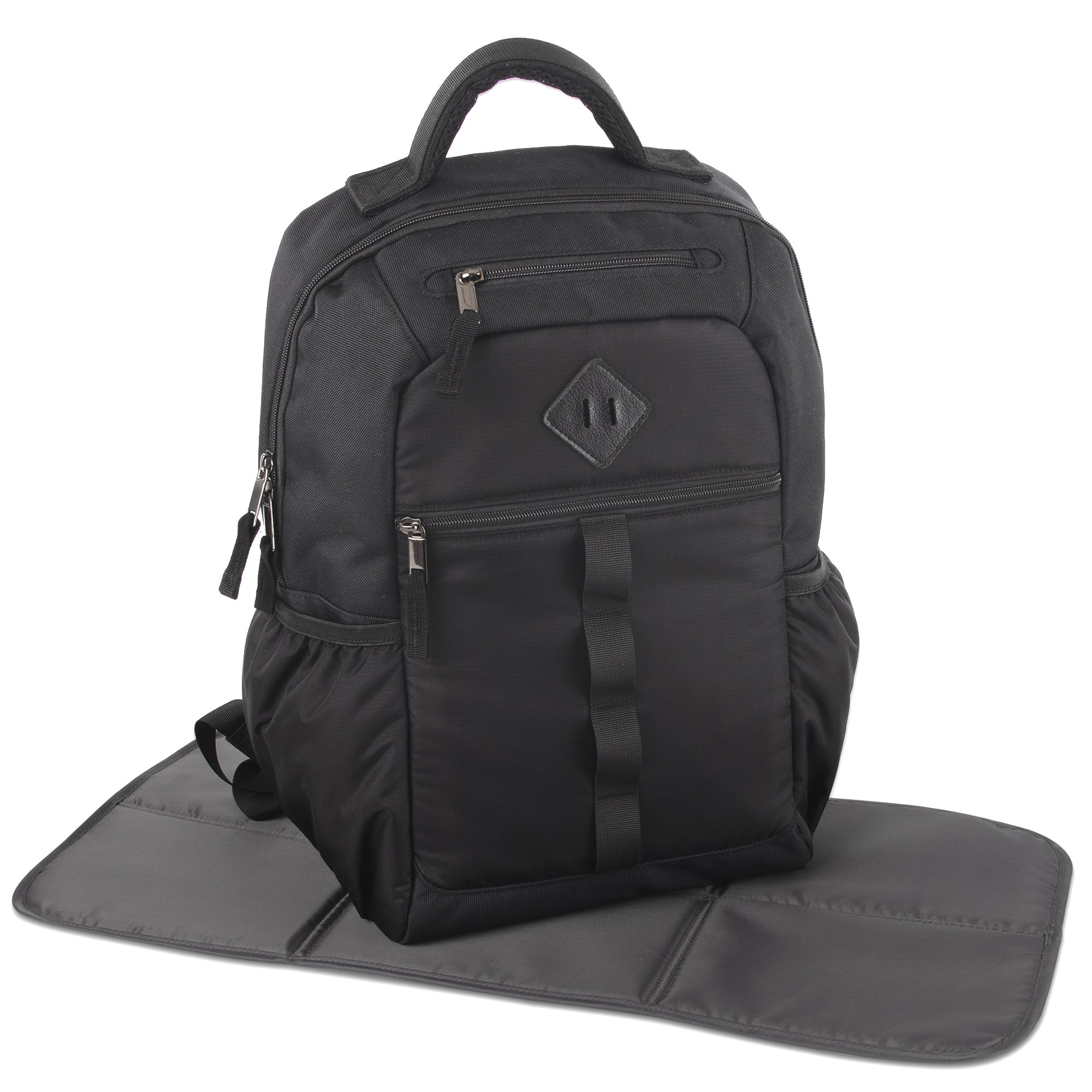 Baby Essentials Multi-Pocket Dual Zipper Closure Diaper Bag Backpack with Matching Changing Pad, Insulated Bottle Pockets and Stroller Straps in Black